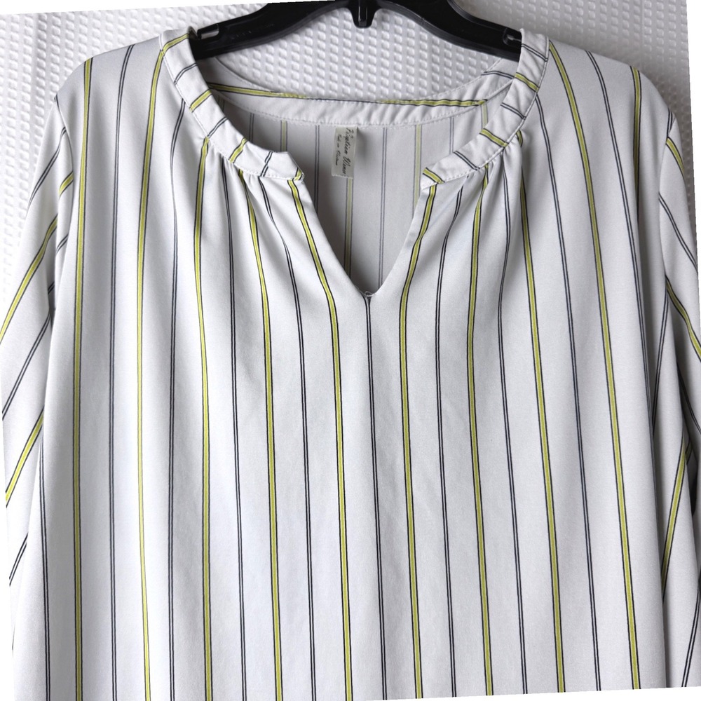Perception Women Blouse Women 1X White Striped Roll Tab Sleeve V-Neck Career